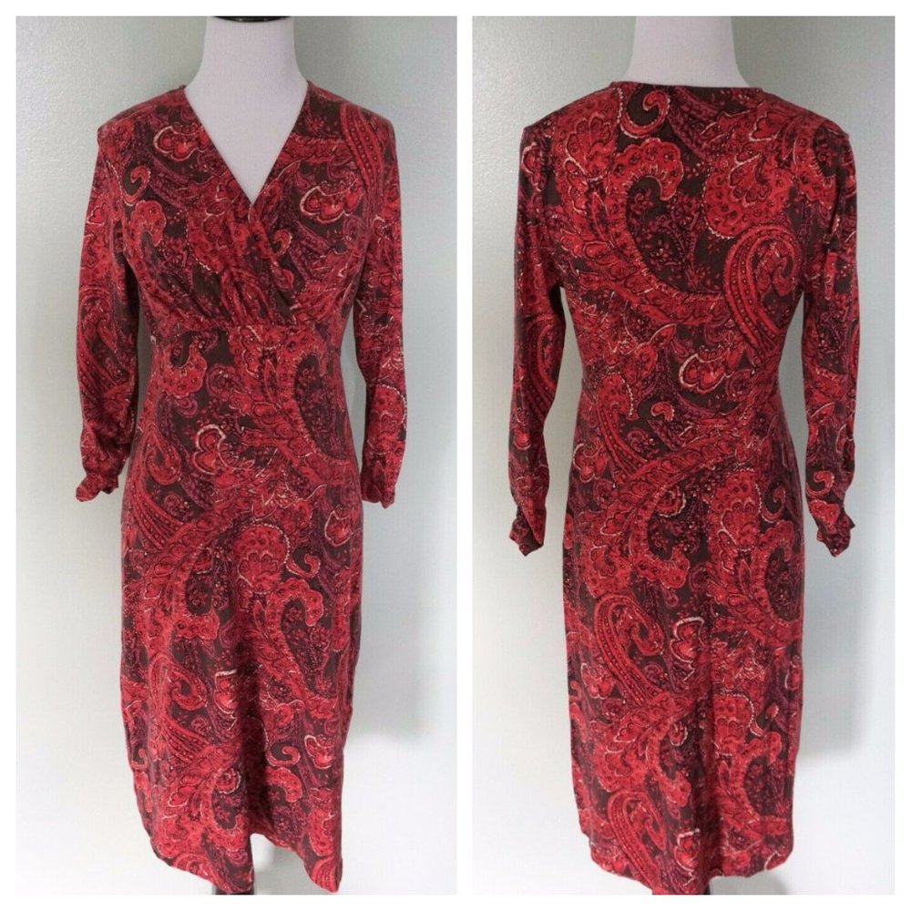 J JILL Red Floral Paisley Faux Wrap Stretch Dress
